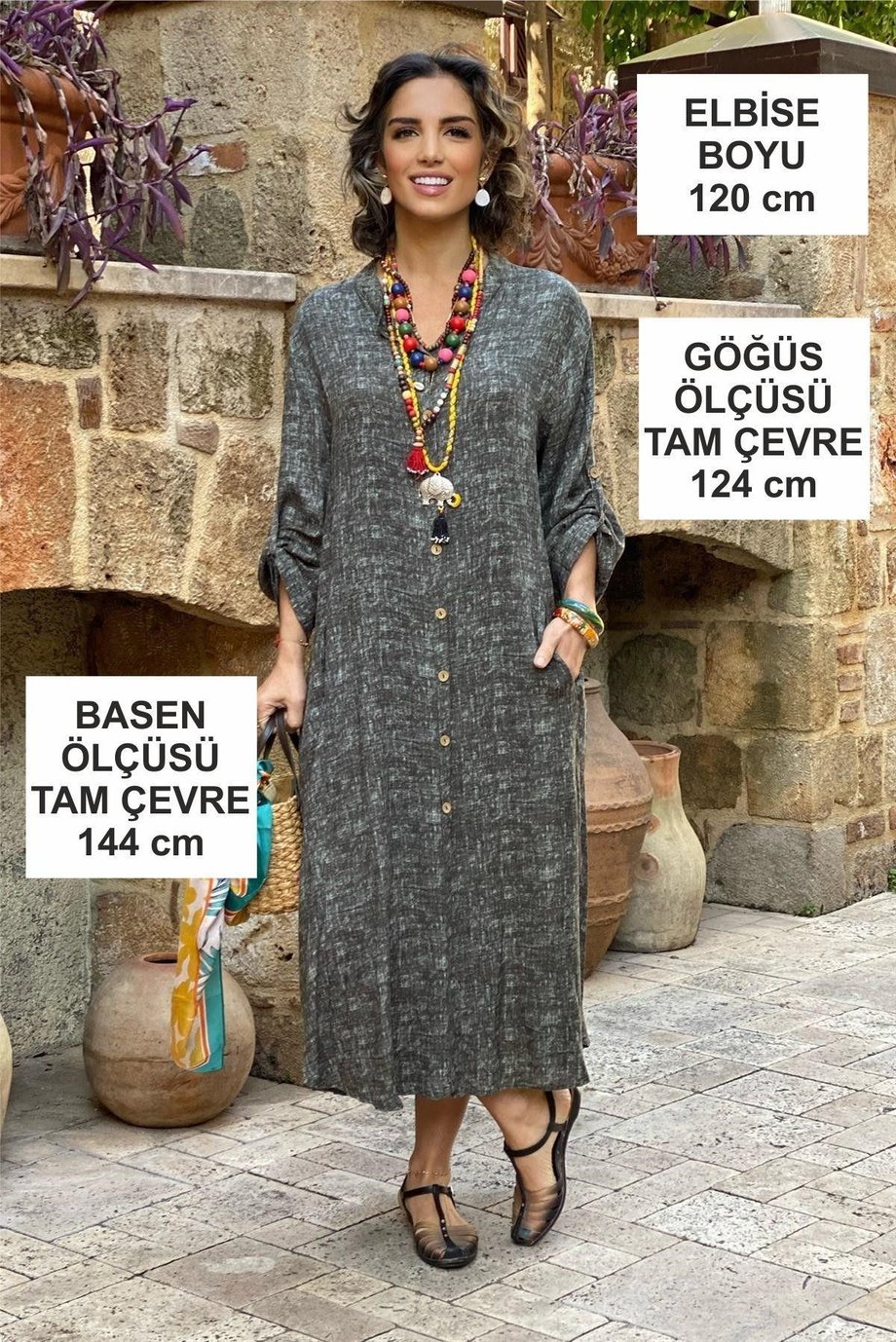 Gri Renk %100 Pamuk Viskon Hakim Yaka Gömlek Elbise