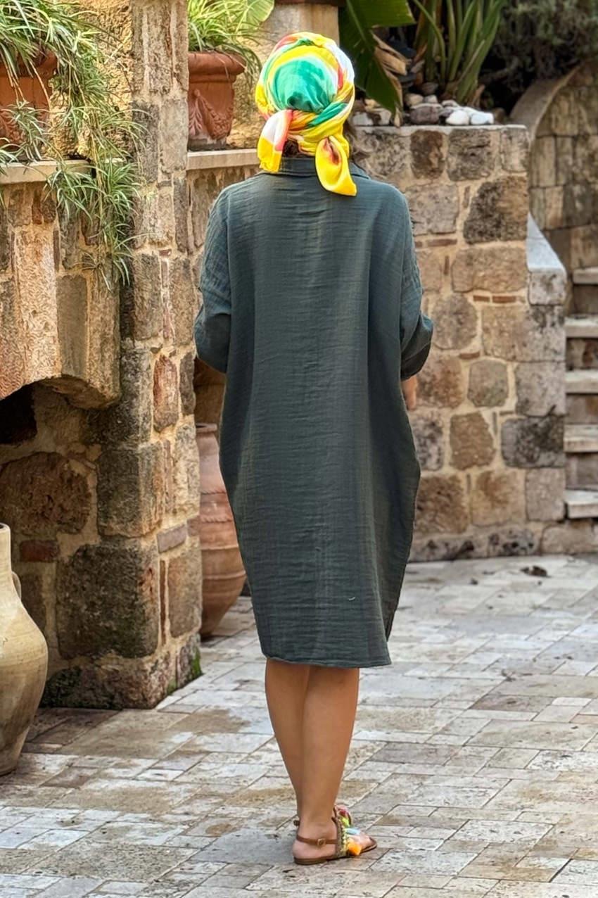 Haki %100 Pamuk Yumuşacık Müslin Gömlek Elbise