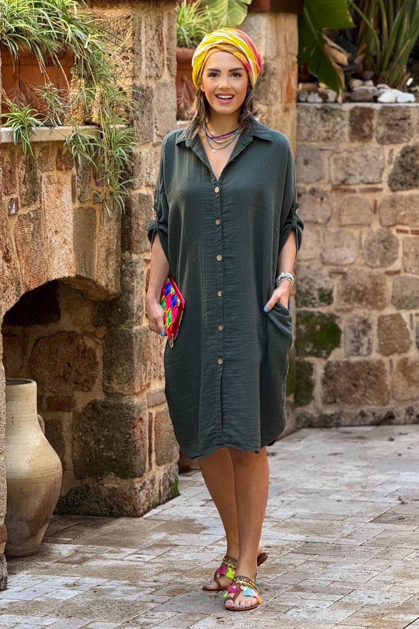 Haki %100 Pamuk Yumuşacık Müslin Gömlek Elbise