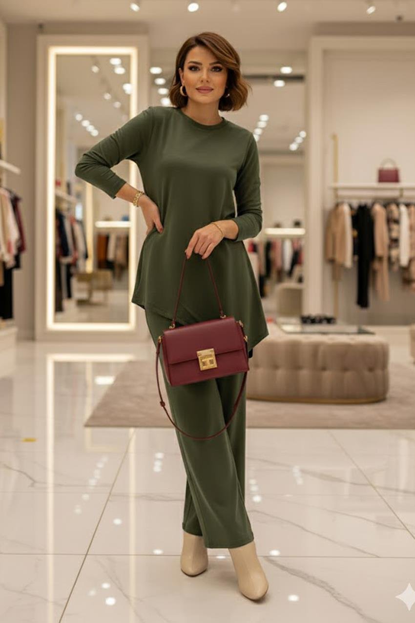 Haki Asimetrik Kesim Modal Kumaş Takım