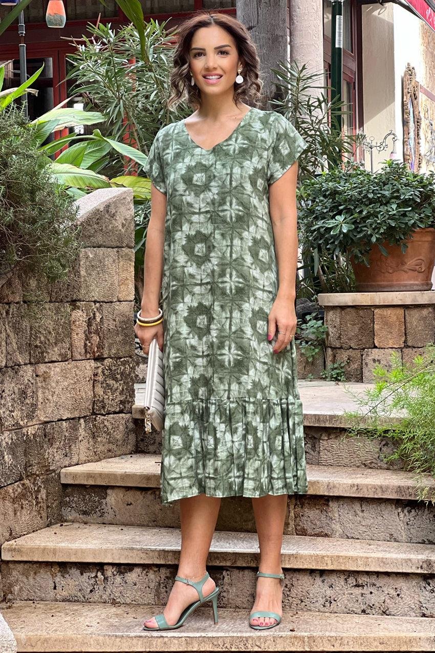 Haki Batik Desenli %100 Pamuk Viskon Elbise