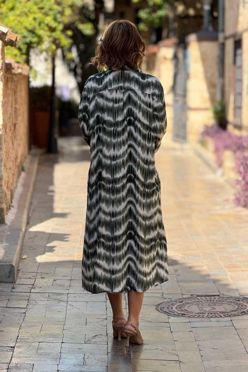 Haki Dalga Desenli Gömlek Elbise %100 Pamuk Viskon