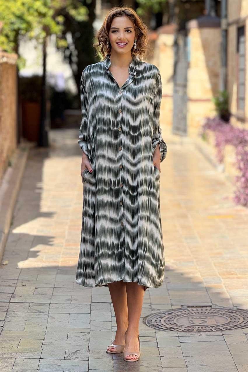 Haki Dalga Desenli Gömlek Elbise %100 Pamuk Viskon