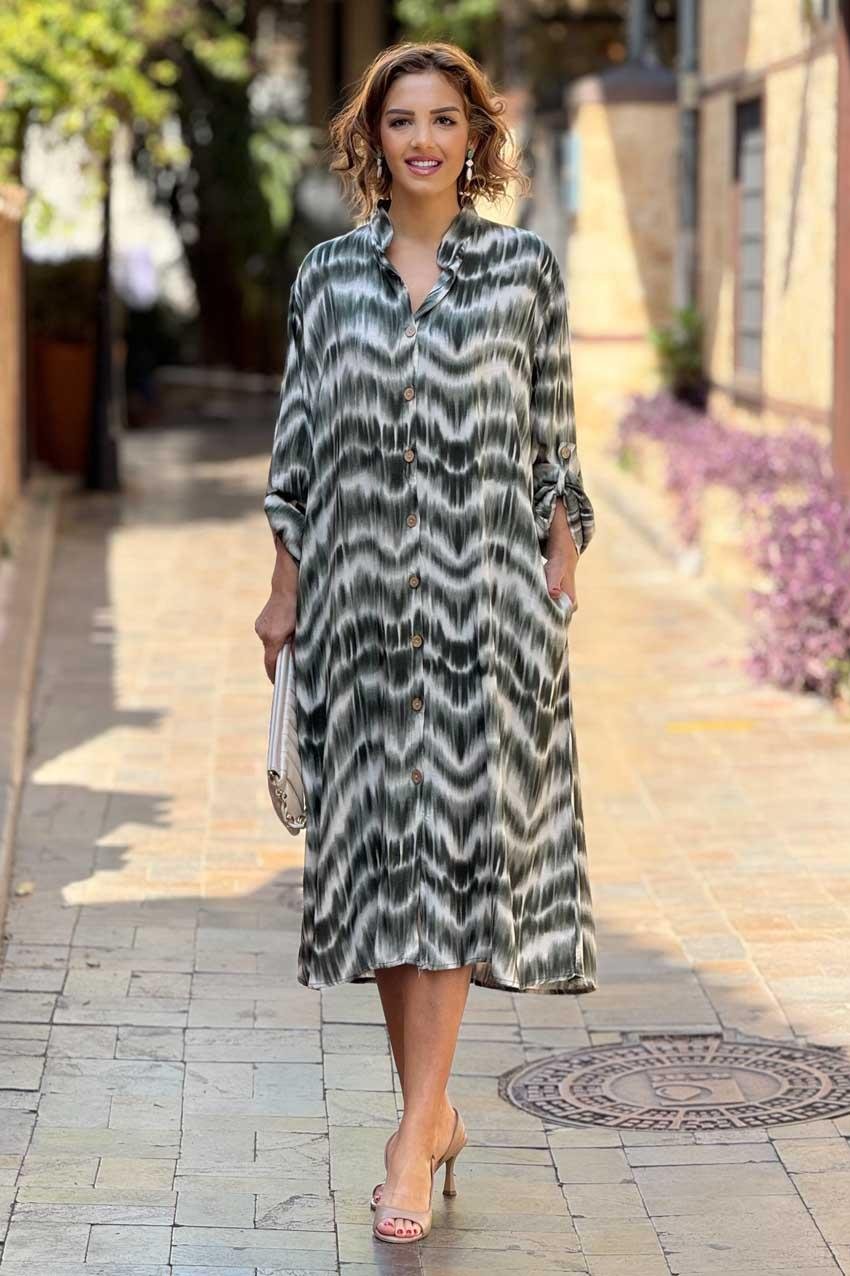 Haki Dalga Desenli Gömlek Elbise %100 Pamuk Viskon