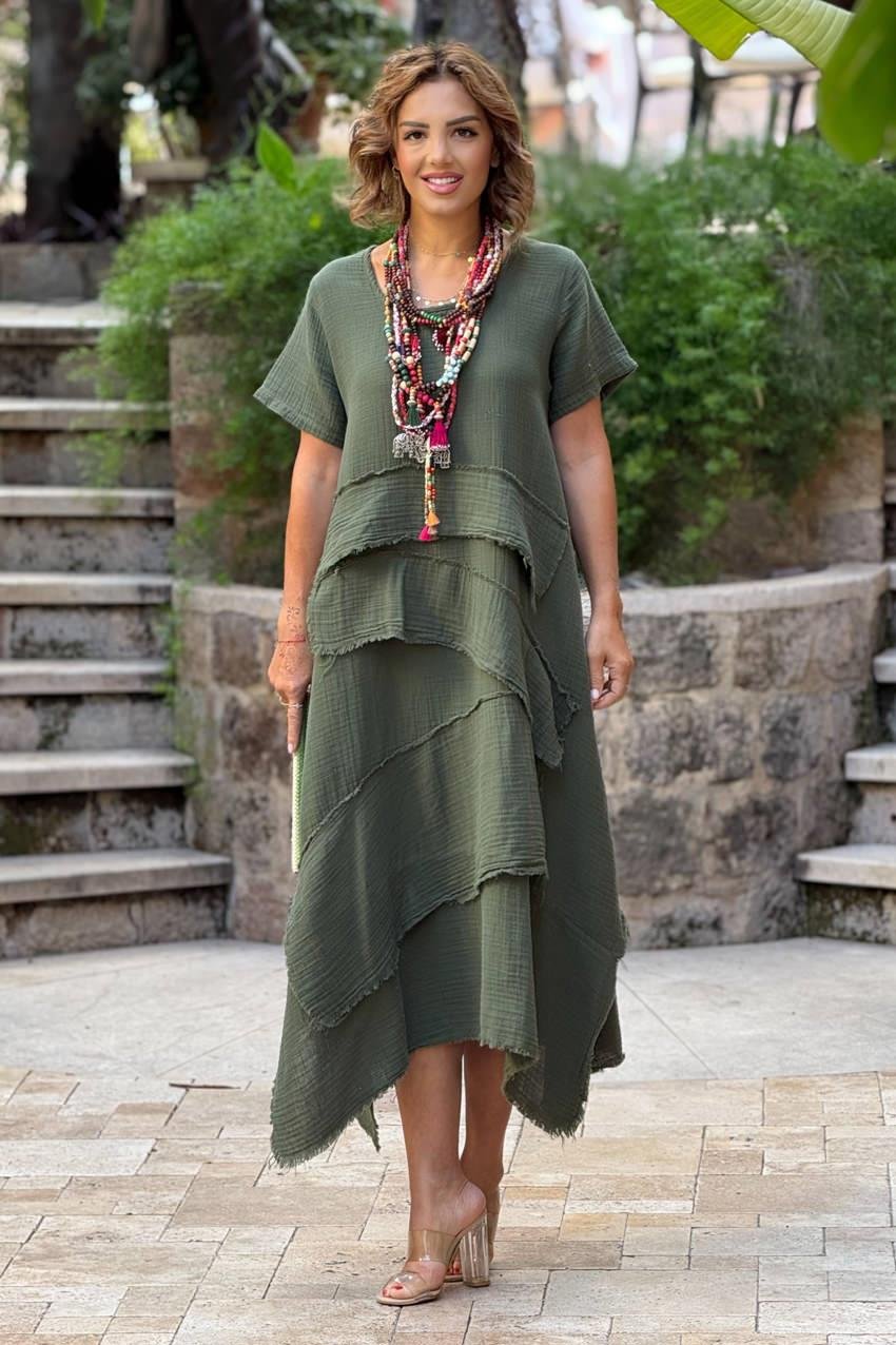 Haki Datça Müslin Kumaş %100 Pamuk Elbise