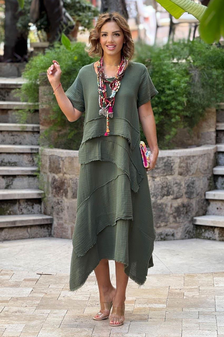 Haki Datça Müslin Kumaş %100 Pamuk Elbise