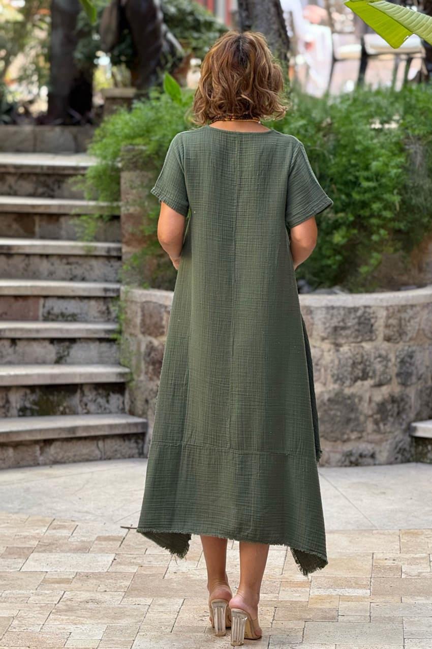 Haki Datça Müslin Kumaş %100 Pamuk Elbise