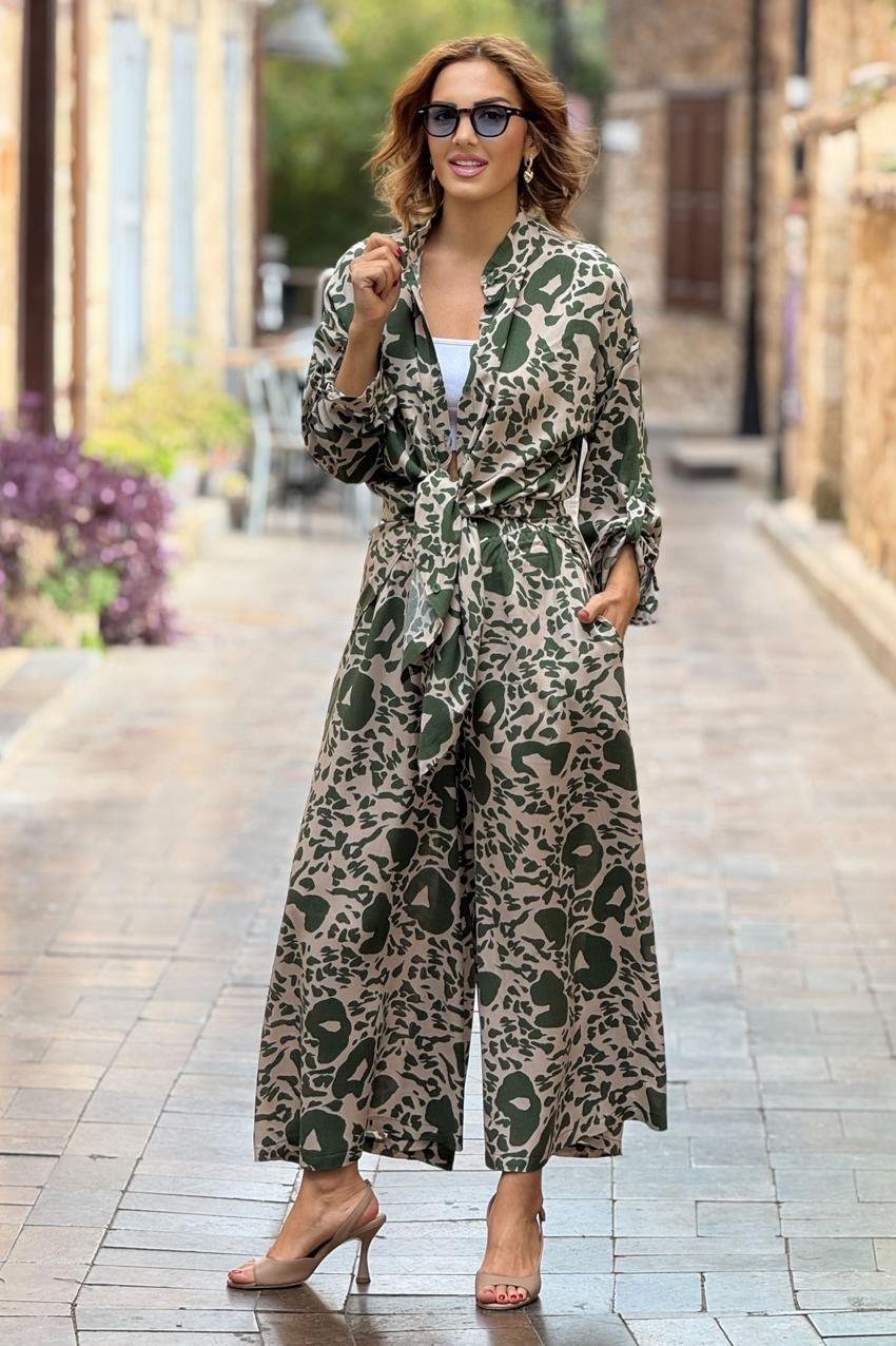 Haki Defne Desenli %100 Pamuk Pantolon Gömlek İkili Takım