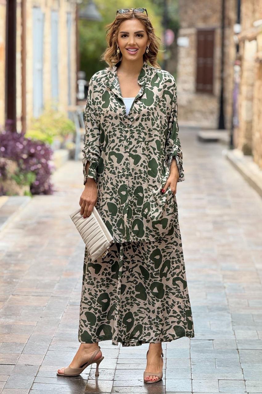 Haki Defne Desenli %100 Pamuk Pantolon Gömlek İkili Takım