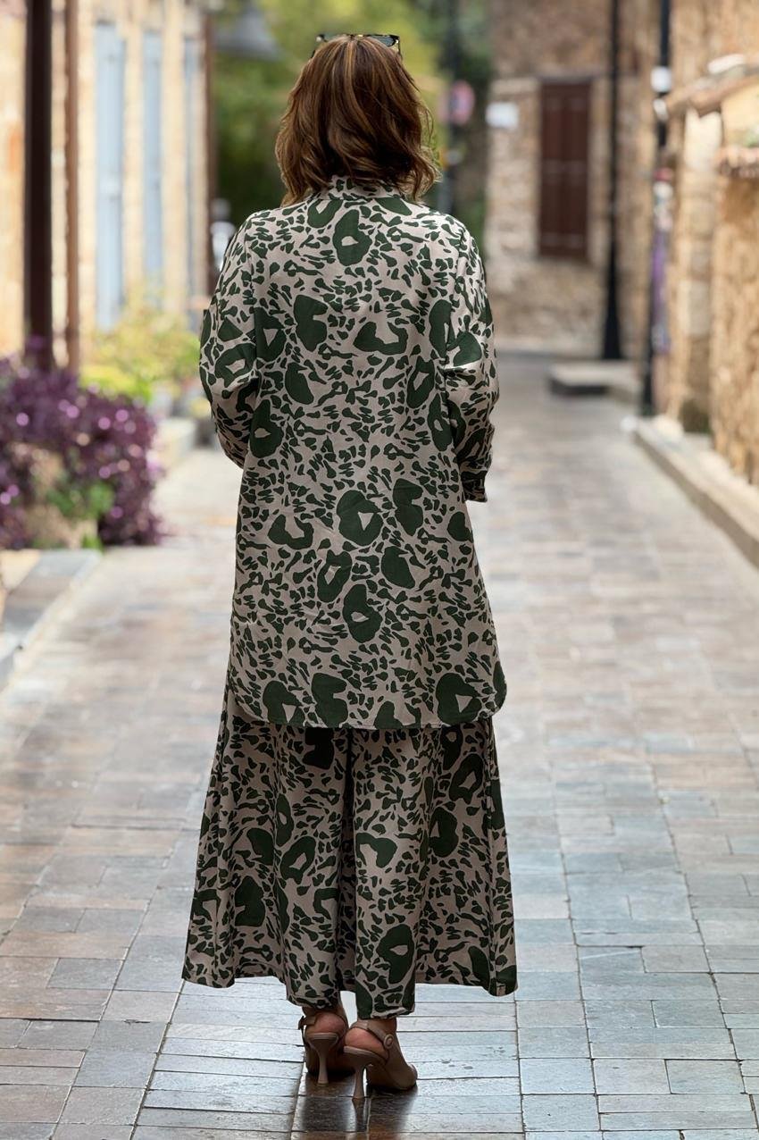 Haki Defne Desenli %100 Pamuk Pantolon Gömlek İkili Takım