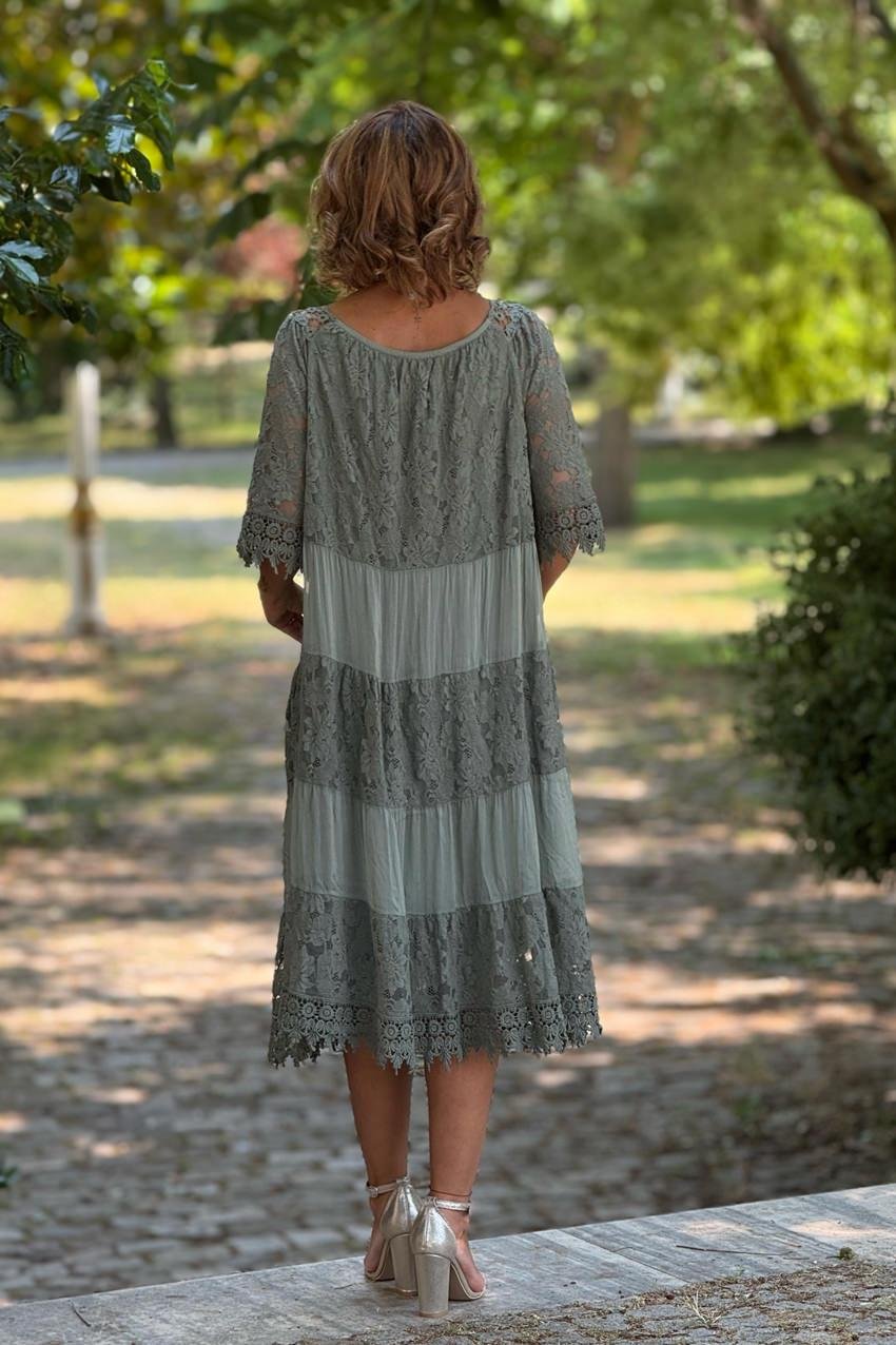 Haki Dolce Notte Dantelli %100 Pamuk İtalyan Elbise