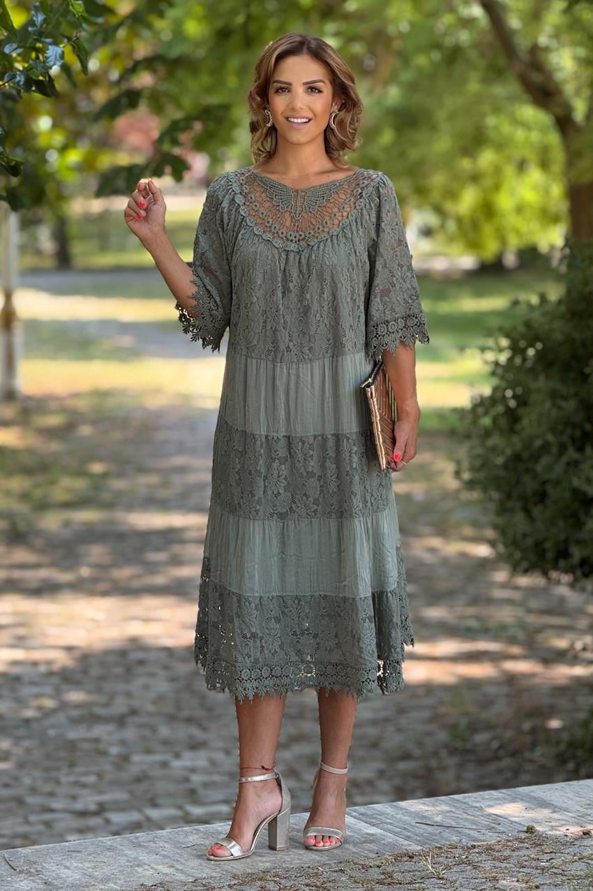 Haki Dolce Notte Dantelli %100 Pamuk İtalyan Elbise