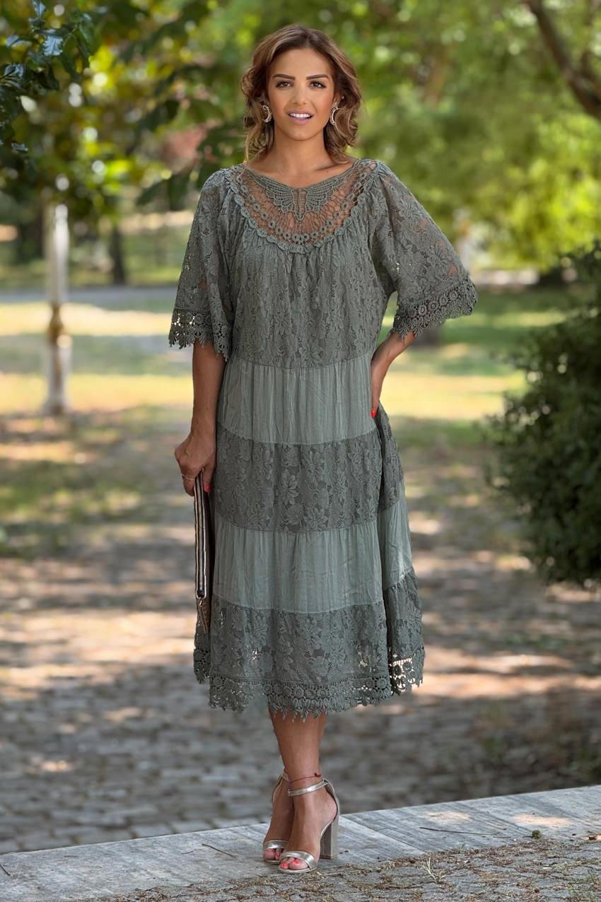 Haki Dolce Notte Dantelli %100 Pamuk İtalyan Elbise
