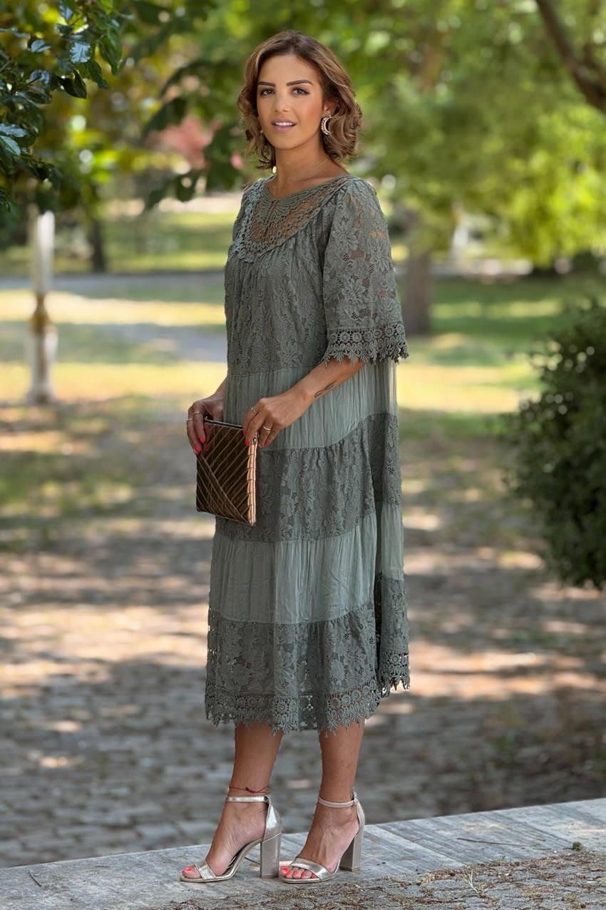 Haki Dolce Notte Dantelli %100 Pamuk İtalyan Elbise