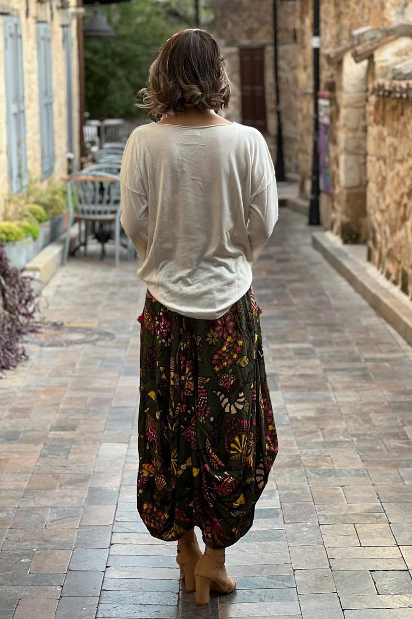 Haki Etnik Desenli Şalvar Etek