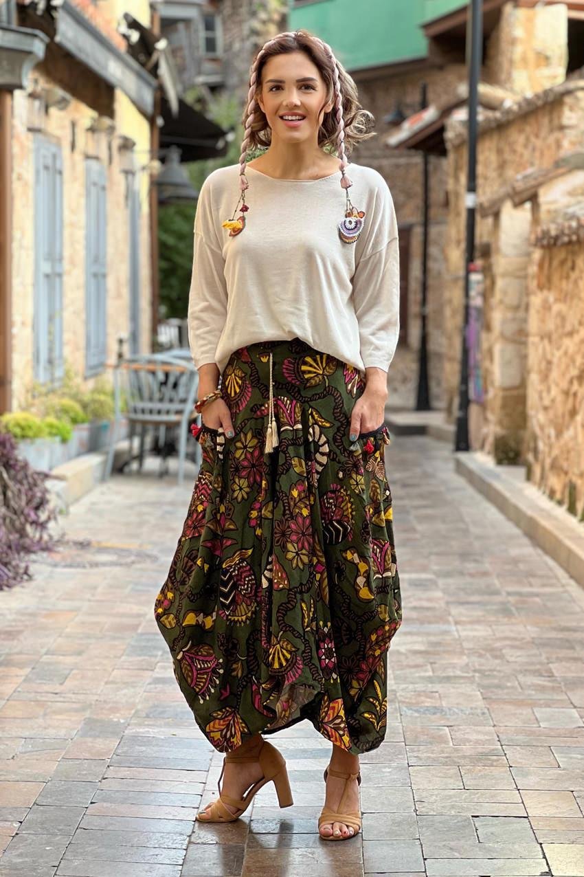 Haki Etnik Desenli Şalvar Etek