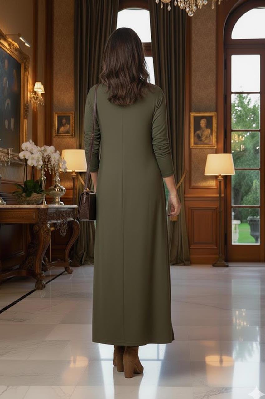 Haki Gizli Cepli İnce Gösteren Tok Penye Elbise