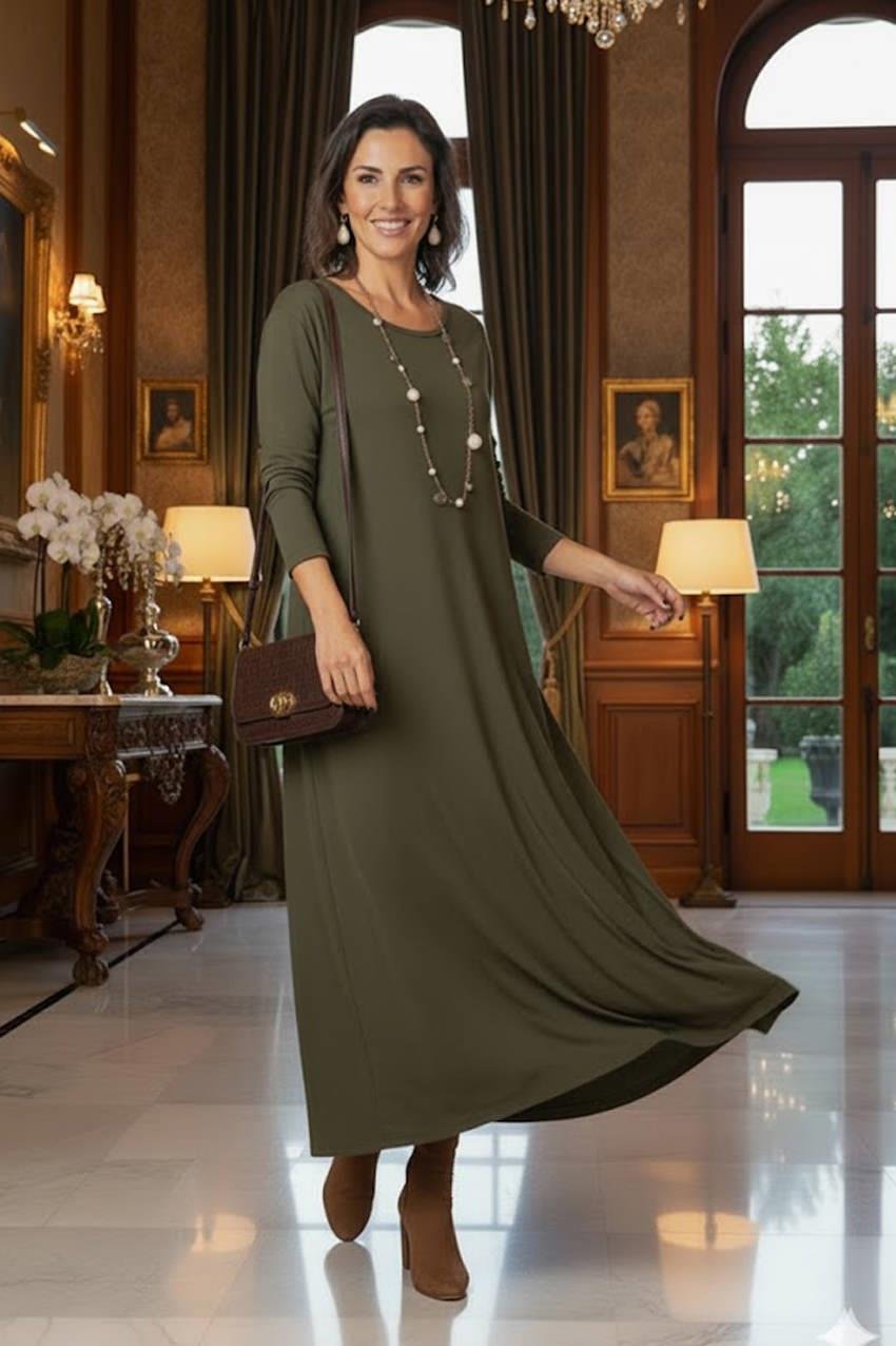 Haki Gizli Cepli İnce Gösteren Tok Penye Elbise