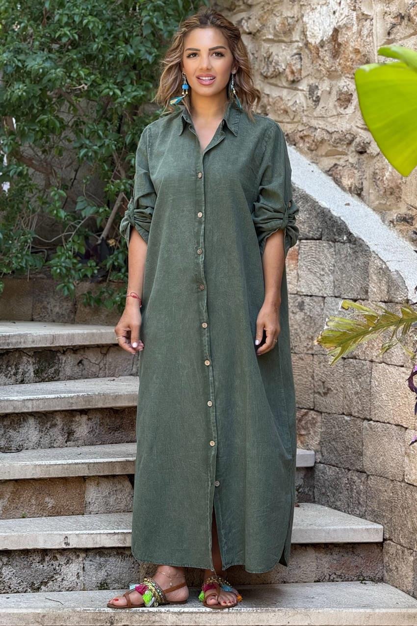 Haki Parça Boya Gömlek Elbise