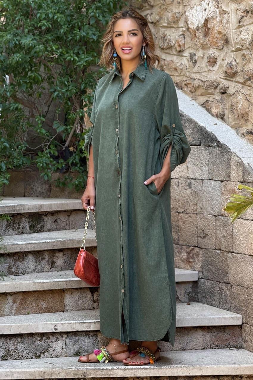 Haki Parça Boya Gömlek Elbise