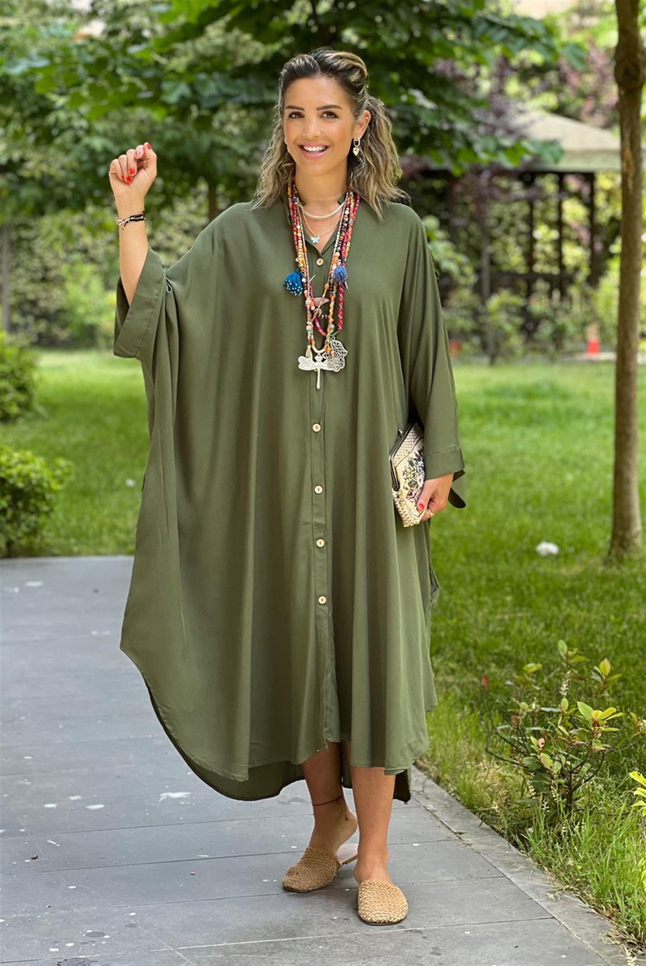 Haki Renk Büyük Beden Salaş Gömlek Elbise