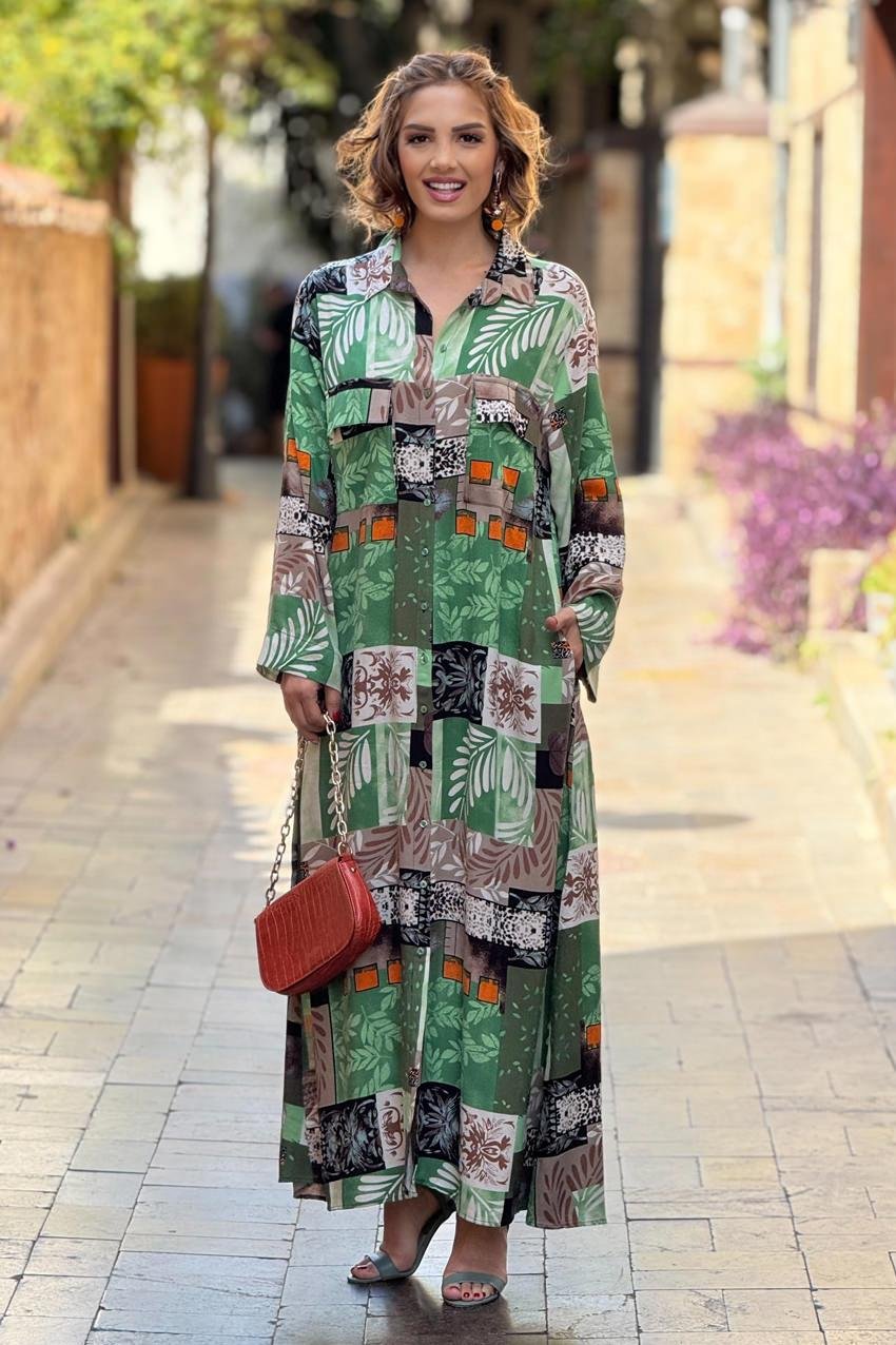 Haki Renk Dama Desenli %100 Pamuk Viskon Gömlek Elbise