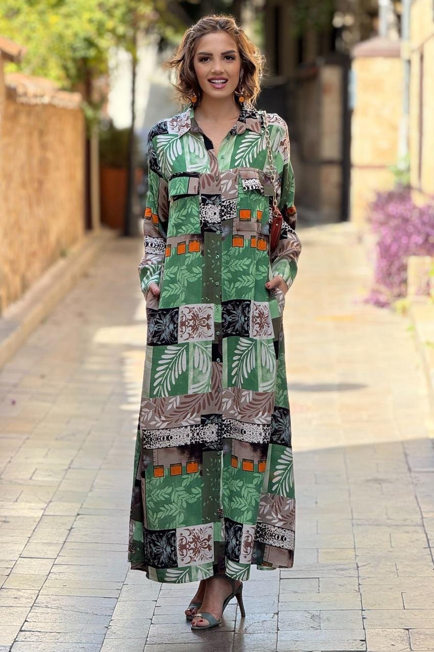 Haki Renk Dama Desenli %100 Pamuk Viskon Gömlek Elbise