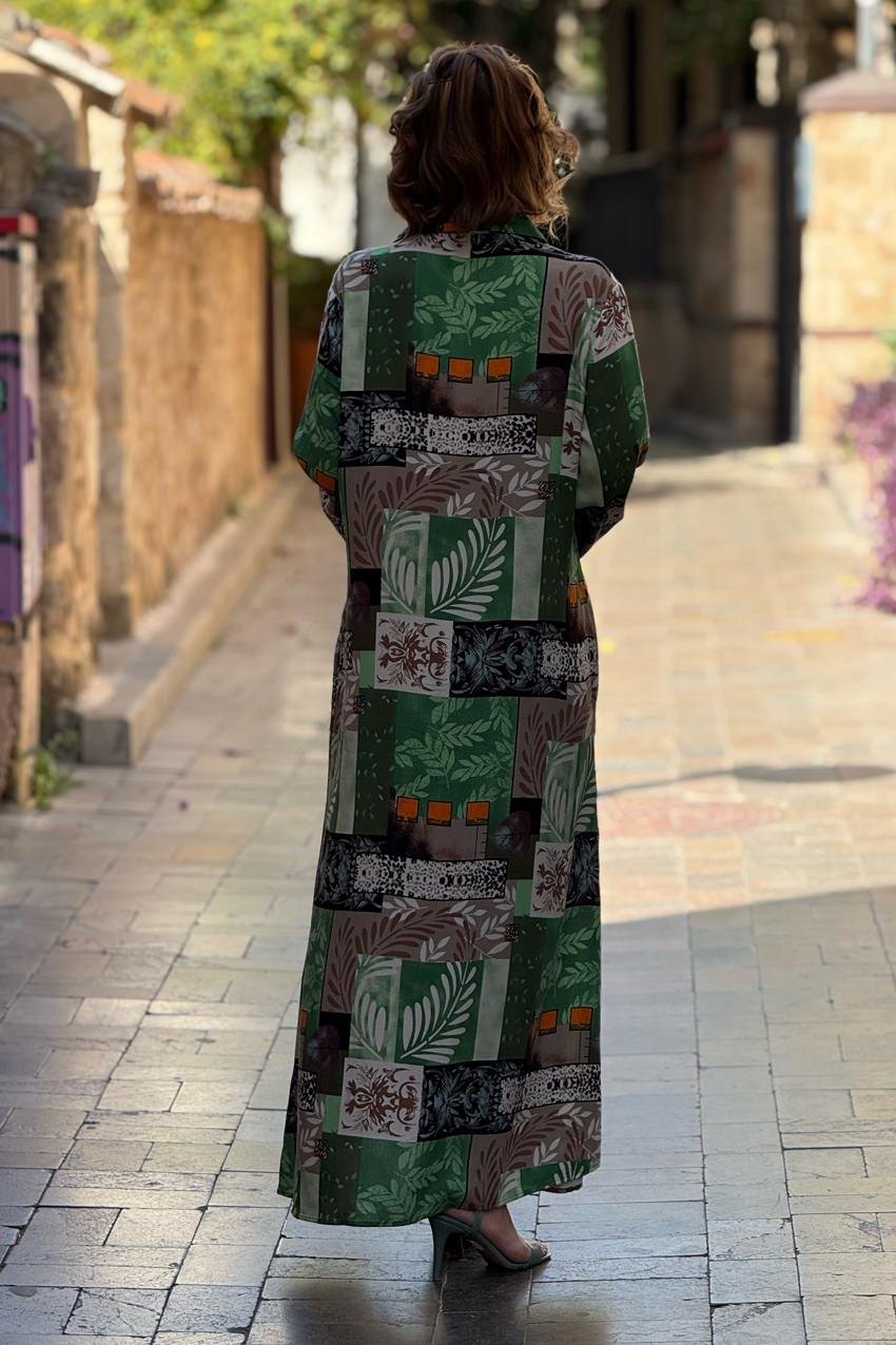 Haki Renk Dama Desenli %100 Pamuk Viskon Gömlek Elbise