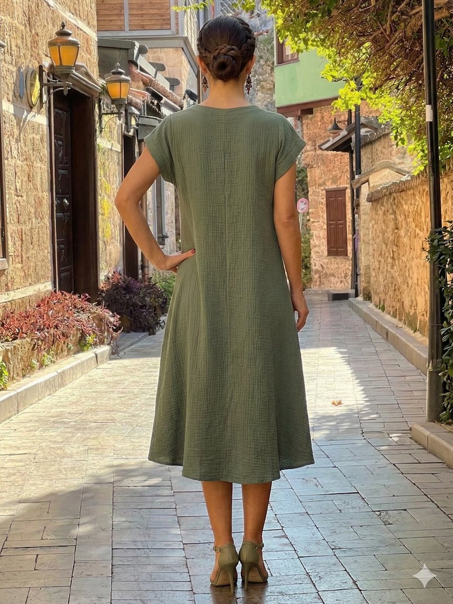 Haki Renk Müslin Kumaş Afitap Elbise - %100 Saf Pamuk