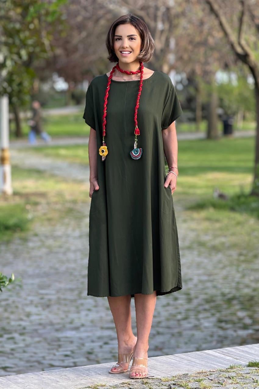 Haki Renk Pearl Pamuklu Elbise