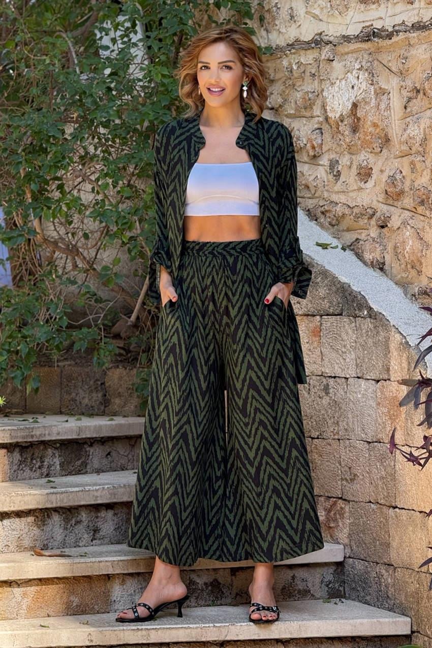 Haki Renk Zerrin %100 Pamuk Pantolon Gömlek İkili Takım