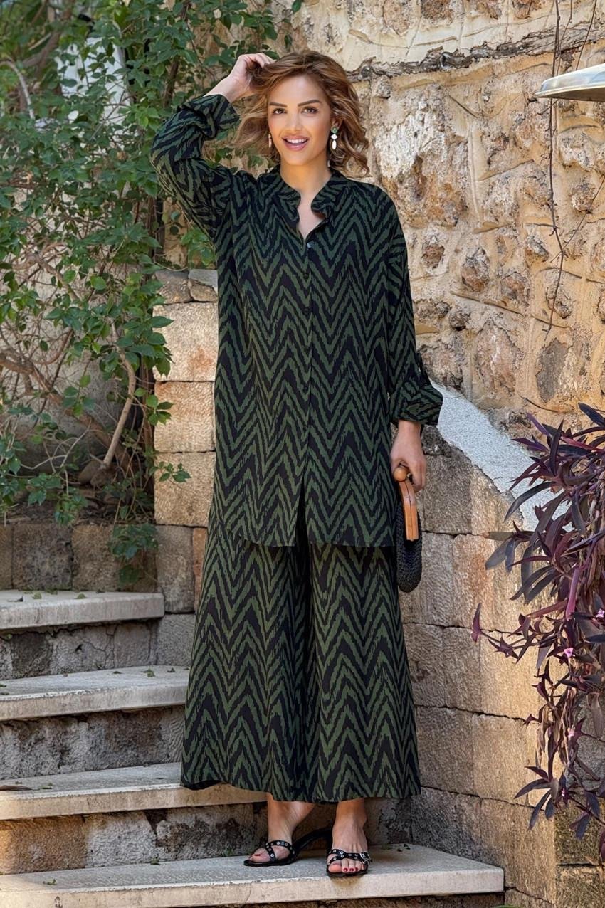 Haki Renk Zerrin %100 Pamuk Pantolon Gömlek İkili Takım