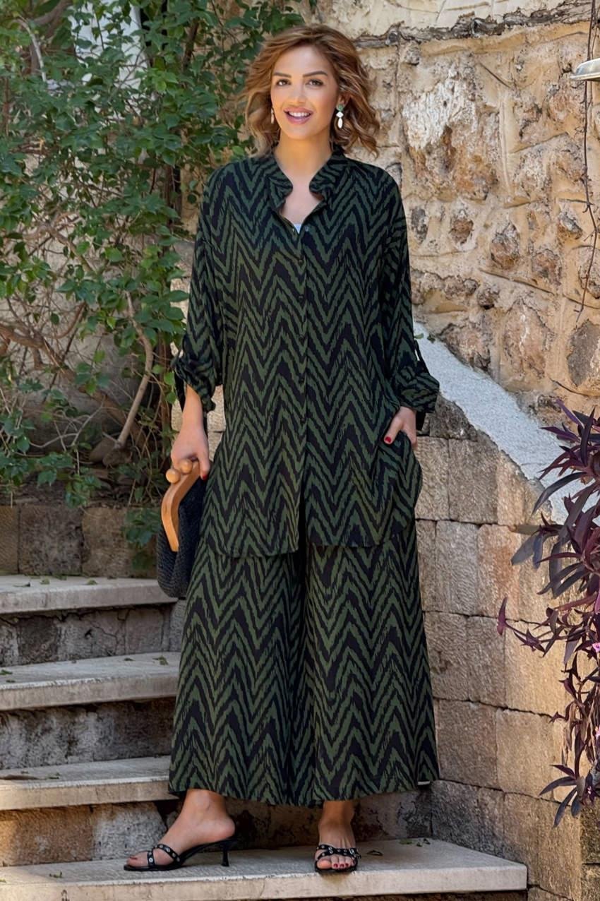 Haki Renk Zerrin %100 Pamuk Pantolon Gömlek İkili Takım