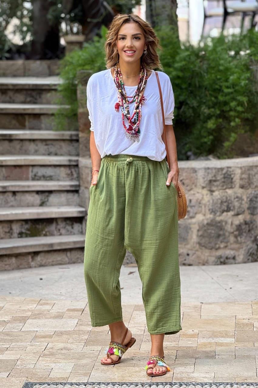 Haki Sezai Şalvar - %100 Pamuk Müslin Kumaş