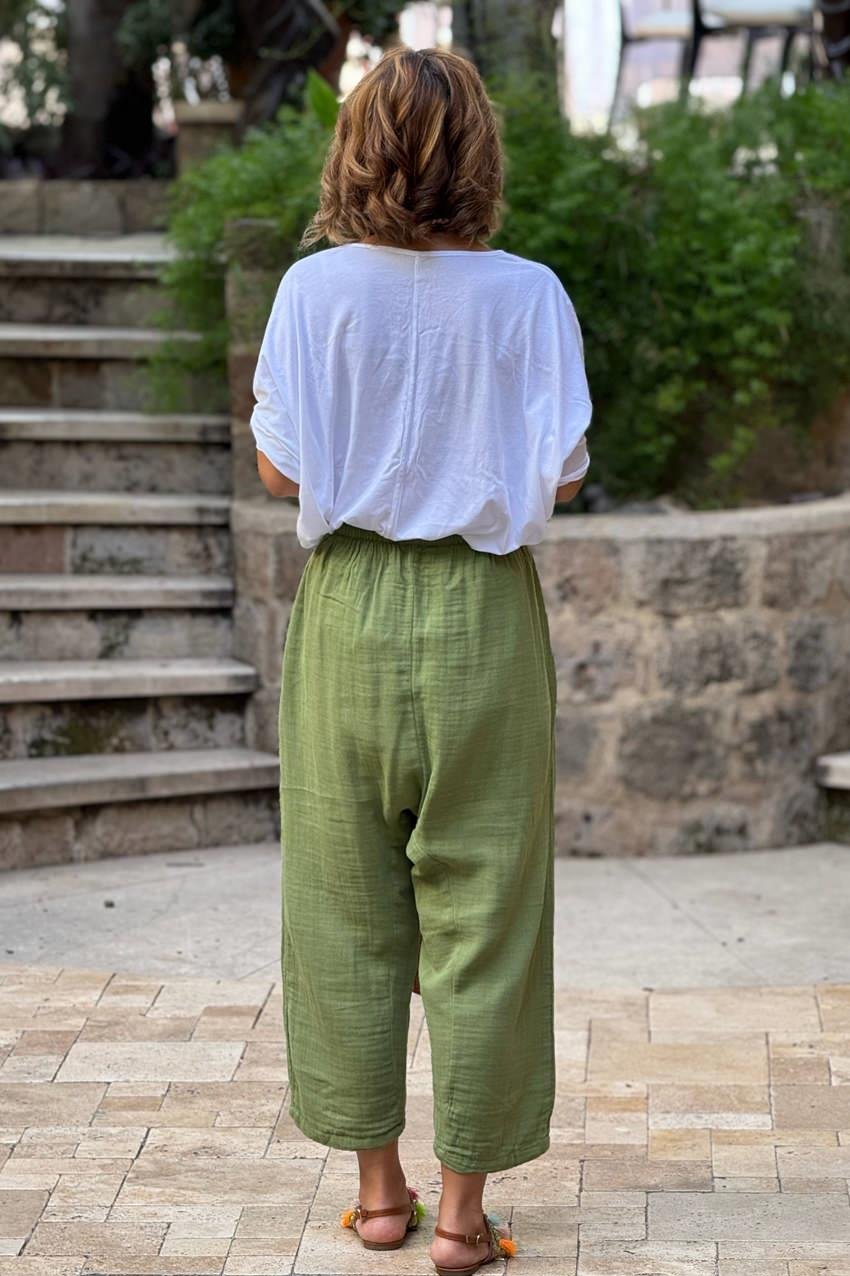 Haki Sezai Şalvar - %100 Pamuk Müslin Kumaş