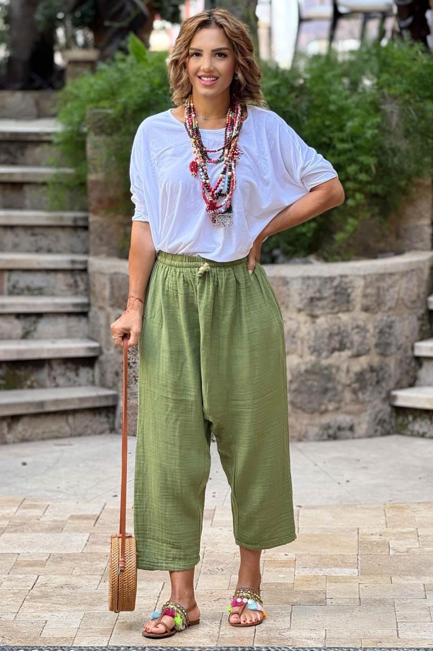 Haki Sezai Şalvar - %100 Pamuk Müslin Kumaş