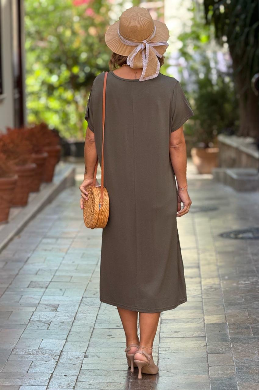 Haki V Yaka Basic Pamuklu Penye Elbise