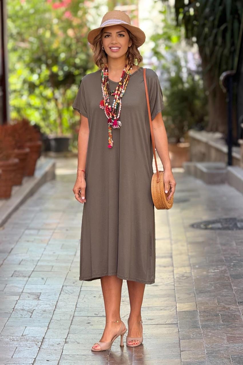 Haki V Yaka Basic Pamuklu Penye Elbise