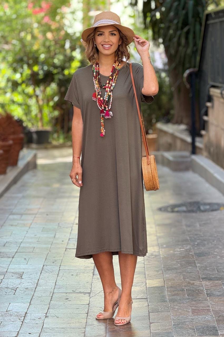 Haki V Yaka Basic Pamuklu Penye Elbise