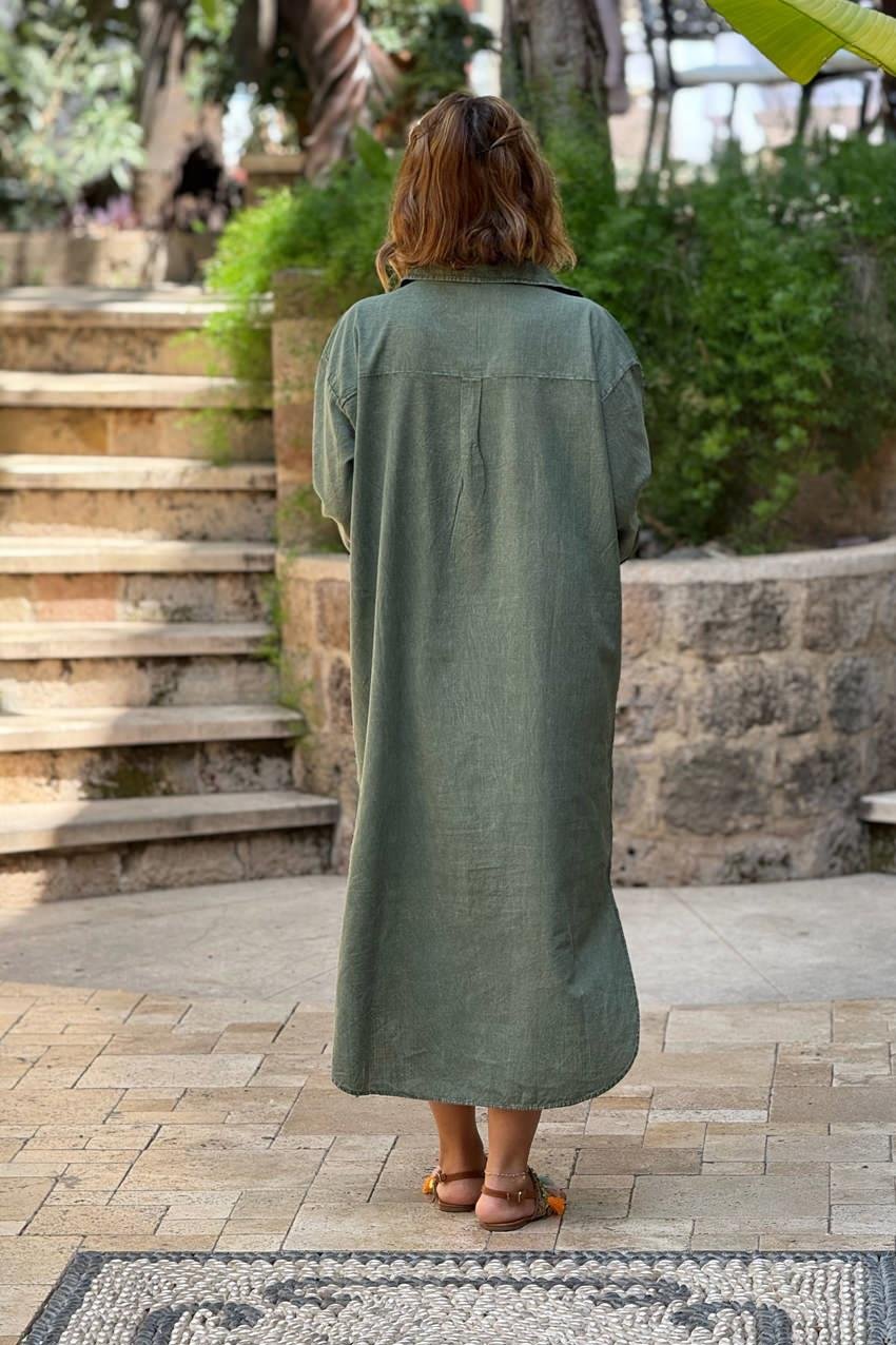 Haki Yarım Parça Boya %100 Saf Pamuk Elbise