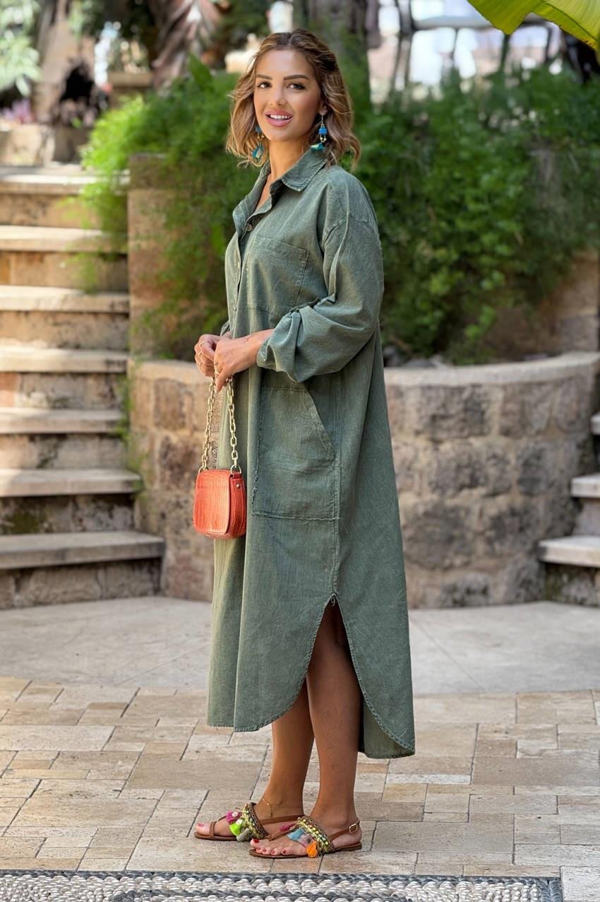 Haki Yarım Parça Boya %100 Saf Pamuk Elbise