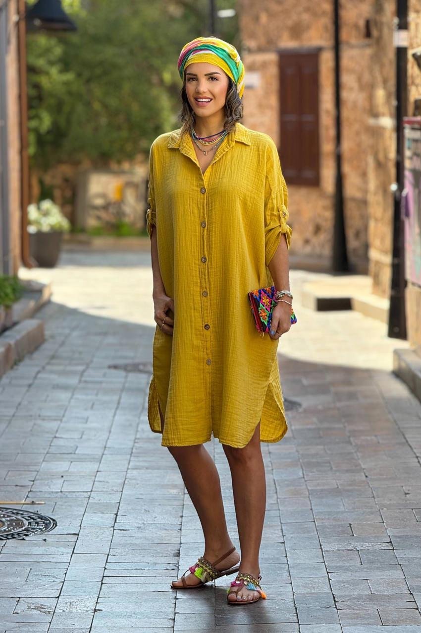 Hardal %100 Pamuk Müslin Gömlek Elbise