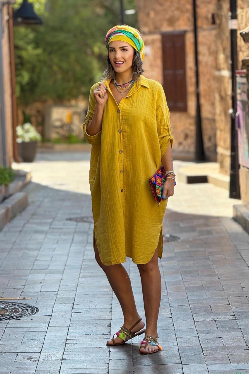Hardal %100 Pamuk Müslin Gömlek Elbise