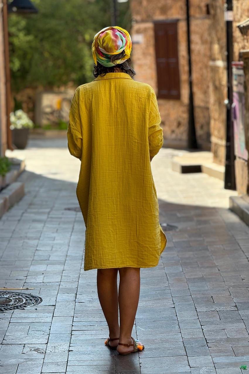Hardal %100 Pamuk Müslin Gömlek Elbise