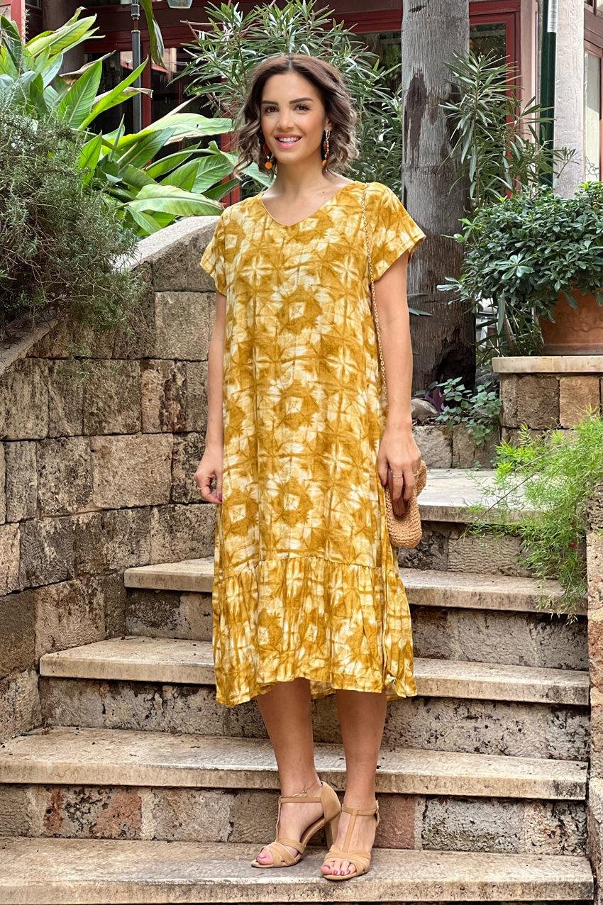 Hardal Batik Desenli %100 Pamuk Viskon Elbise