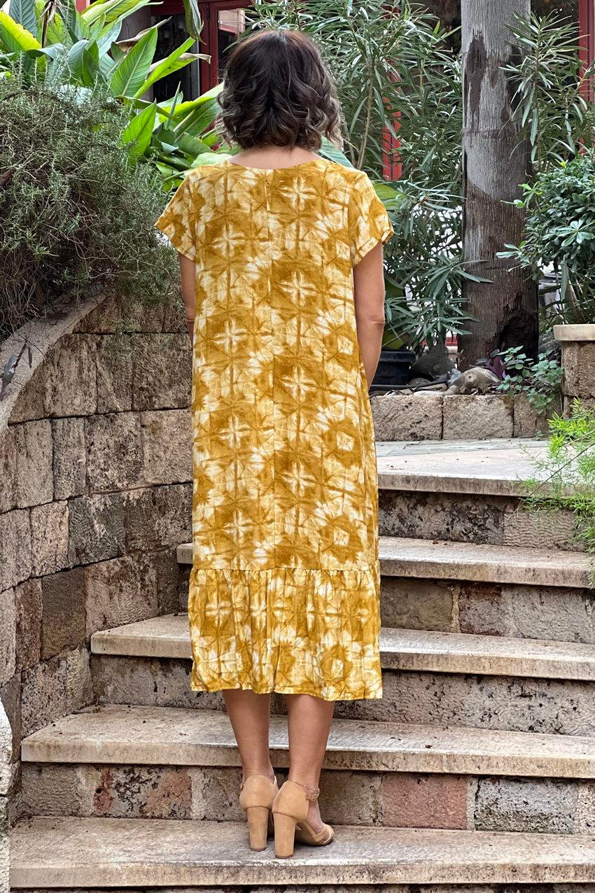 Hardal Batik Desenli %100 Pamuk Viskon Elbise