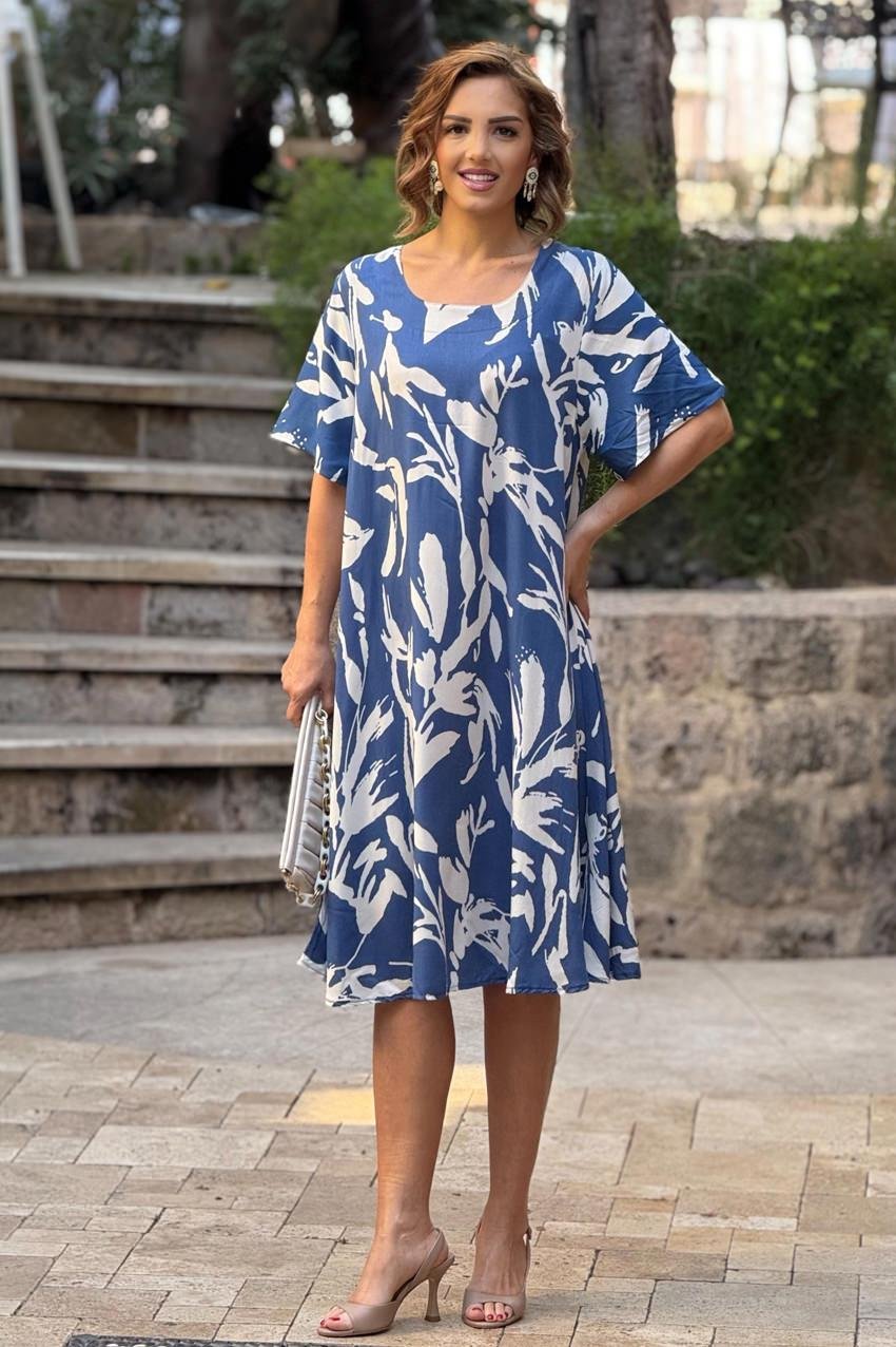 İndigo Mavi Gardenya Kayık Yaka %100 Pamuk Viskon Elbise