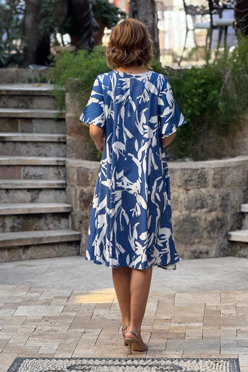 İndigo Mavi Gardenya Kayık Yaka %100 Pamuk Viskon Elbise