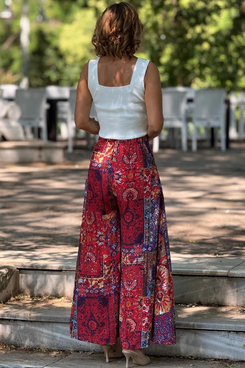 İTALYAN Kırmızı Amber Desenli  %100 Pamuk Viskon Pantolon