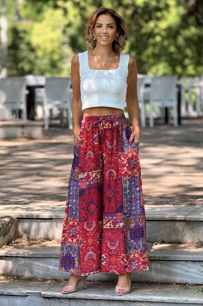 İTALYAN Kırmızı Amber Desenli  %100 Pamuk Viskon Pantolon